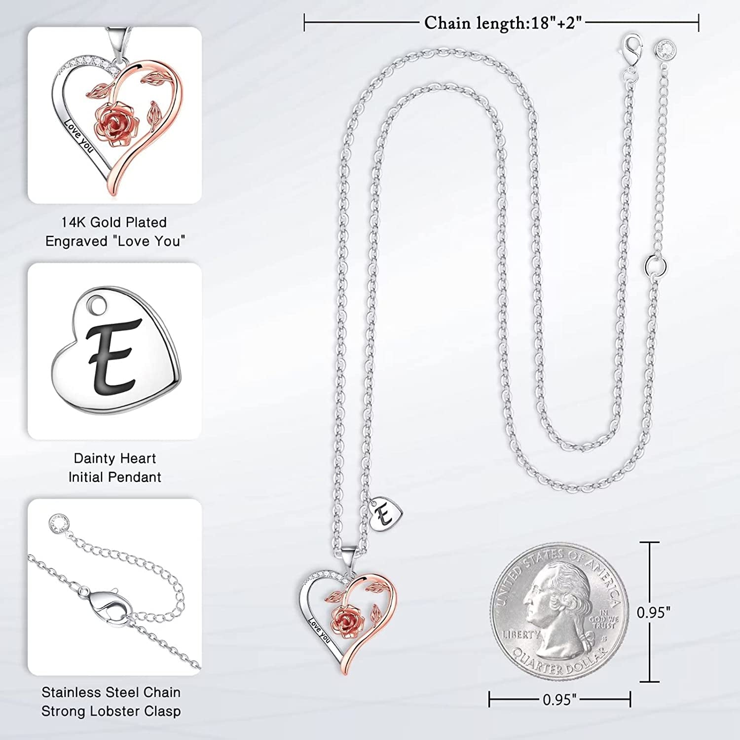 Rose Heart Necklaces Gifts for Women Teen Girls, Rose Love Heart Initial Necklaces Jewelry Engraved Love You Bridesmaid Gifts Valentines Christmas Birthday Gifts for Her Women Wife Girlfriend Mom