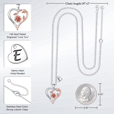 Rose Heart Necklaces Gifts for Women Teen Girls, Rose Love Heart Initial Necklaces Jewelry Engraved Love You Bridesmaid Gifts Valentines Christmas Birthday Gifts for Her Women Wife Girlfriend Mom