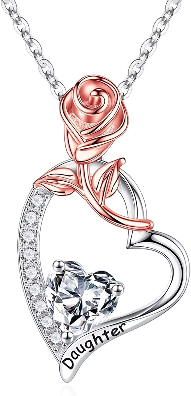 Daughter Gifts Rose Heart Birthstone Necklace, 925 Sterling Silver Natural or Created Gemstone Pendant Necklace Valentines Mothers Day Gifts for Daughter Birthday Christmas Gifts for Daughter from Mom