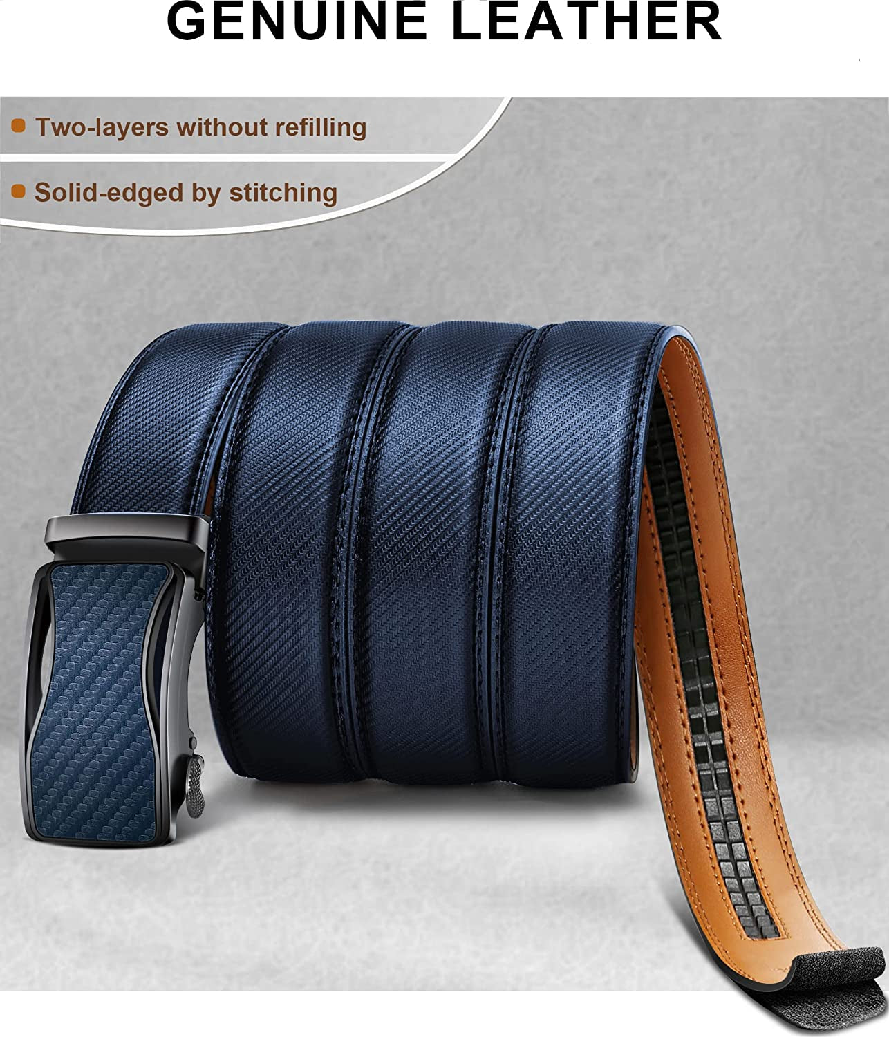 Mens Ratchet Belt 2 Units, Sliding Belt for Mens Dress Casual Pant Shirts Oxfords 1 3/8",Size Adjustable