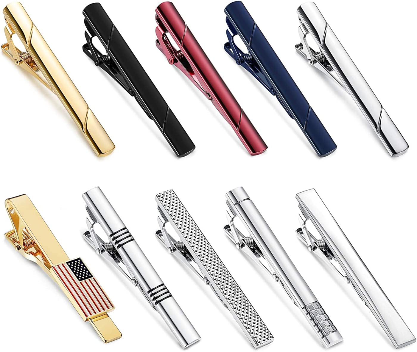 9-10 Pcs Tie Clips for Men Tie Bar Clip and Cufflink Set for Regular Ties Black Gold Red Navy Blue Silver American Flag Necktie Wedding Business Clips with Gift Box