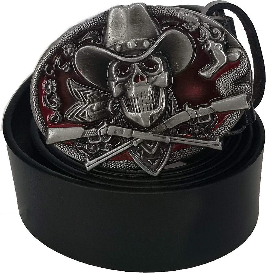 Mens Cow Leather Western Cowboy Skull Attitude Buckle Belt