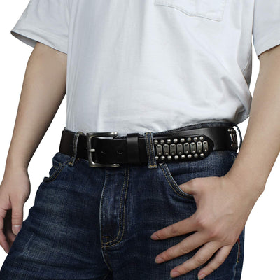 Stylish Mens Studded Casual Italian Cowhide Leather Belts for Jeans Punk Rock Rivets Belt with Buckle for Men Black