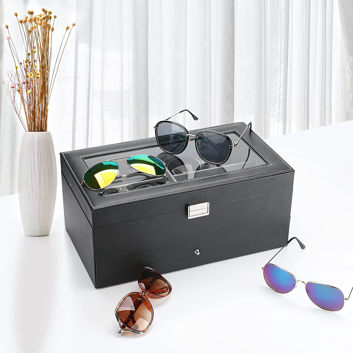 Sunglass Organizer Multiple Glasses Organizer for Women Men, Multi Sunglasses Eyeglass Eyewear Display Case, 12 Slots Leather Glasses Holder Storage Box with Drawer Glass Lid -Black