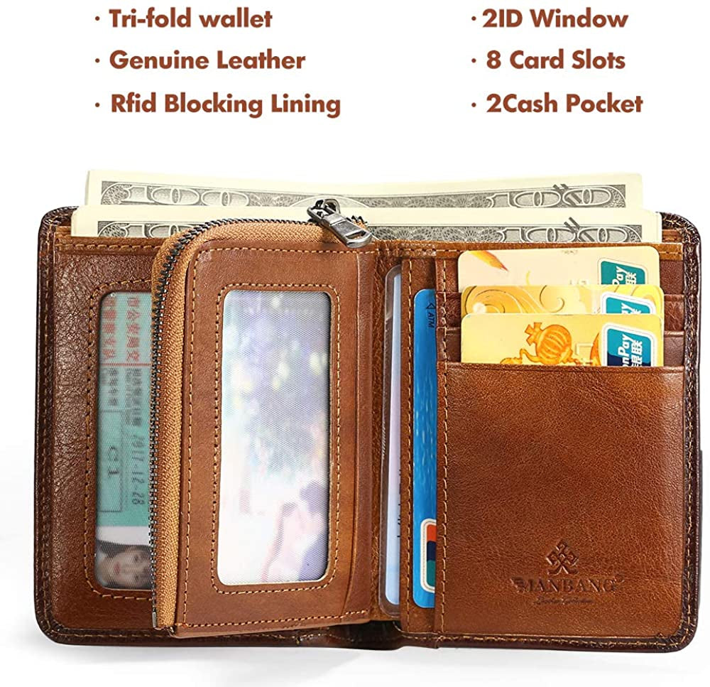 Mens Wallet Zipper Genuine Leather RFID Card Holders Cowhide Zip Coin Pocket Bifold Wallets for Men Brown(Anti-Theft Brush)