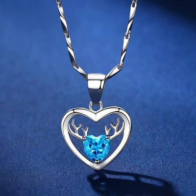Deer Necklace. Deer Antler Pendant. Love Necklace, Blue Love Zircon. Silver Plated, Women'S Necklace, Girly, Valentine'S Day, Birthday Gift