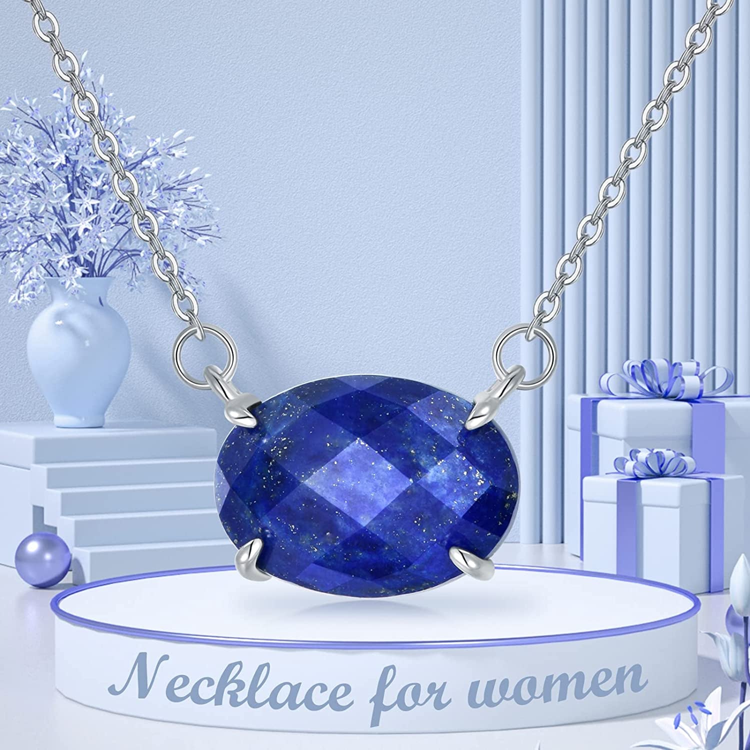 Natural Lapis Lazuli Necklace Oval Blue Lapis Stone Pendant Necklace Valentine'S Day Gifts for Her Women Mom Girlfriend Girl