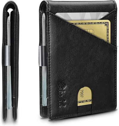 Slim RFID Wallets for Men, Money Clip Bifold Leather Wallet Minimalist Mens Wallet with ID Window and 12 Card Slots