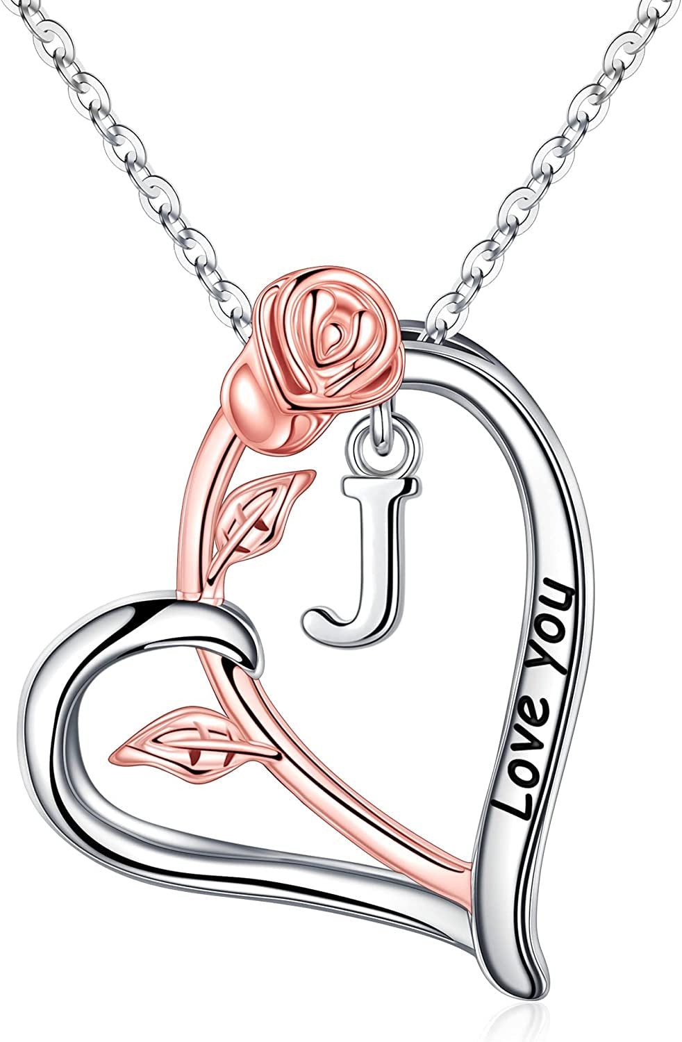 Rose Heart Initial Necklaces Gifts for Women Teen Girls, Rose Love You Heart Letter Pendant Necklace Jewelry Mothers Day Valentines Anniversary Christmas Birthday Gifts for Her Mom Wife Girlfriend