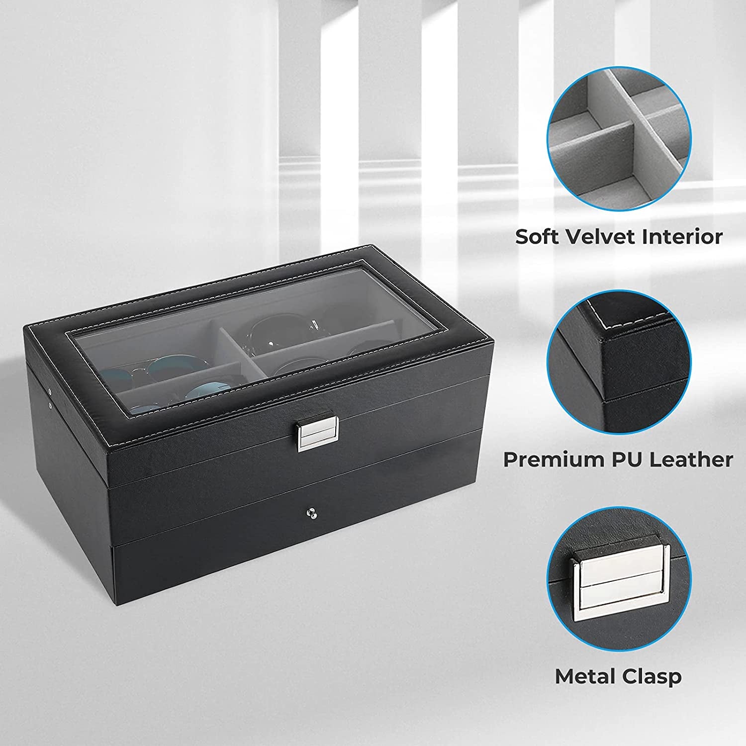 Sunglass Organizer Multiple Glasses Organizer for Women Men, Multi Sunglasses Eyeglass Eyewear Display Case, 12 Slots Leather Glasses Holder Storage Box with Drawer Glass Lid -Black