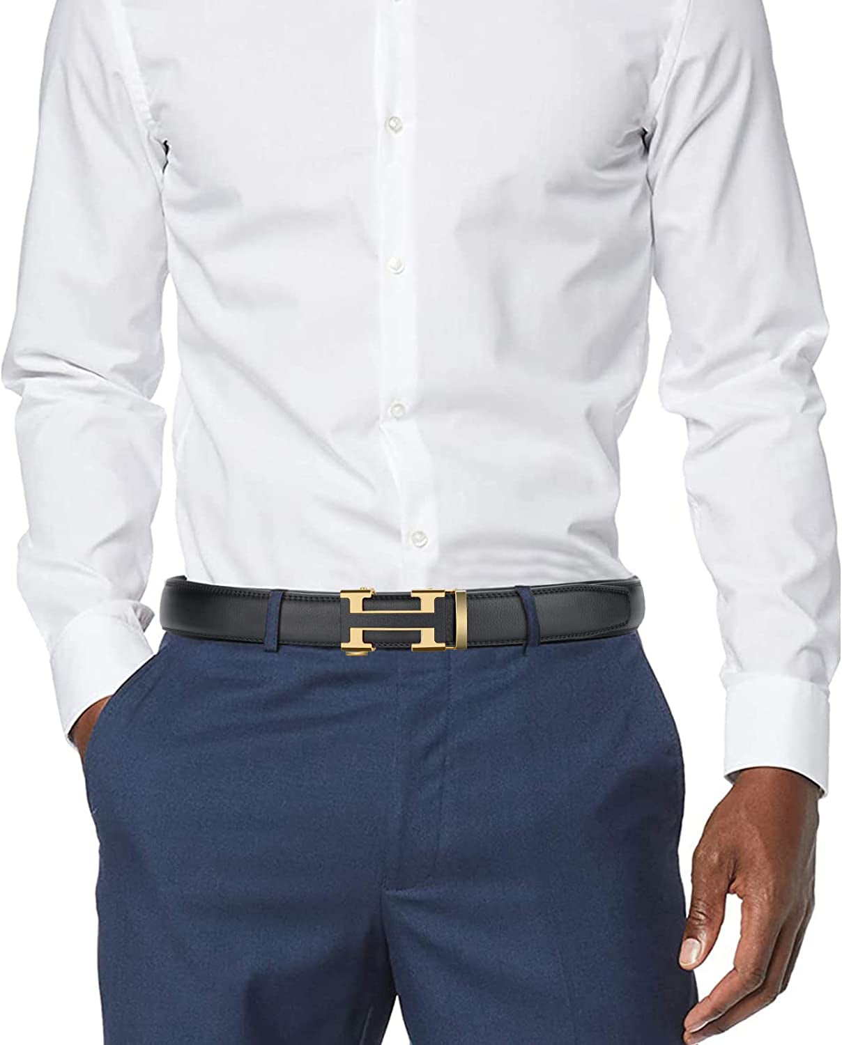 Black Belt Men,  Mens Leather Belts Slide Ratchet Belt Buckle Dress Casual Fashion Belt for Jeans Pants