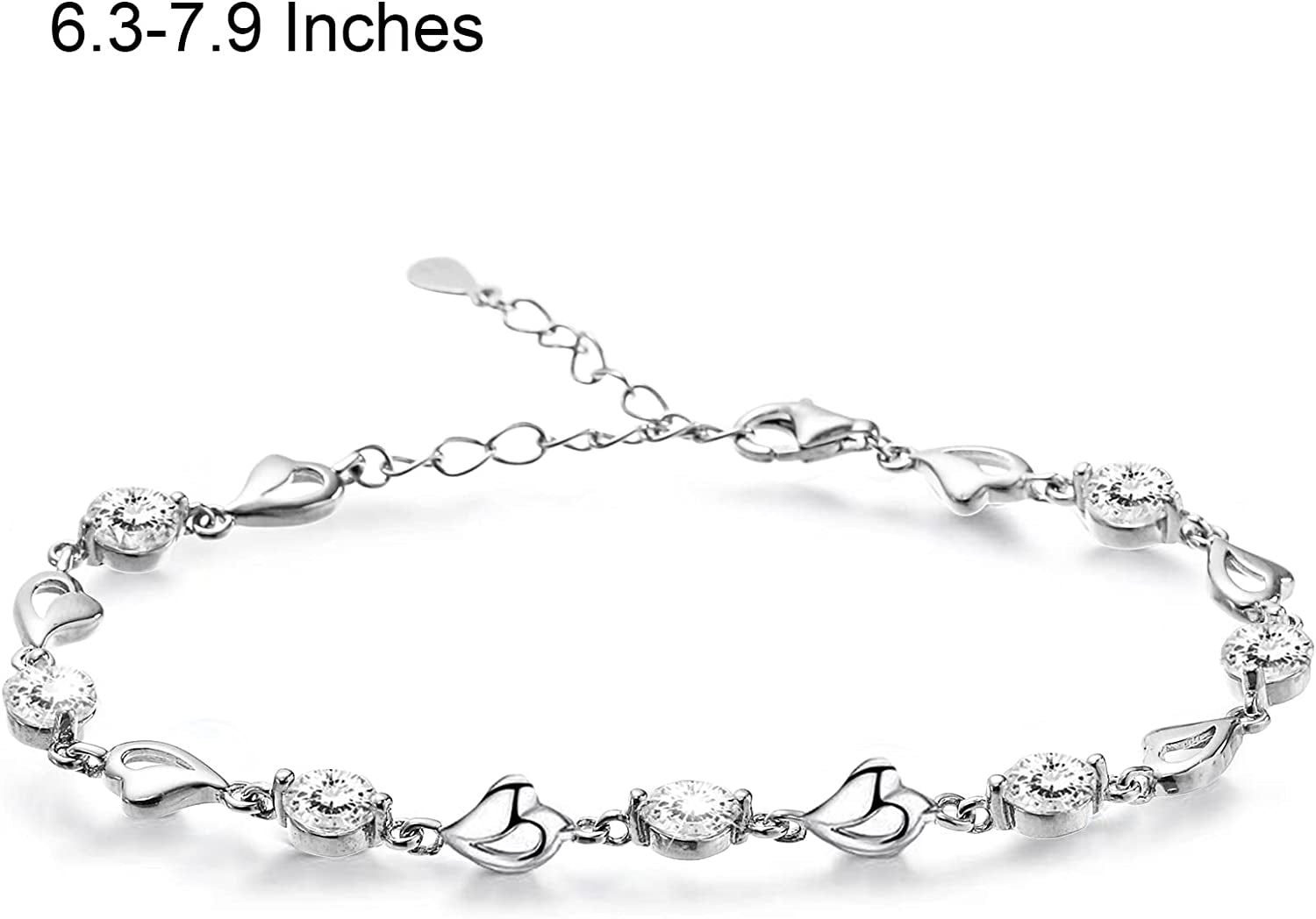 925 Sterling Silver Heart Bracelet for Women Girl, Adjustable Love Heart Bracelet with Cubic Zirconia, Jewelry Heart Anklets Chain Gift with Blue Velvet Gift Box, for Girlfriend, Wife, Grandma, Mom, Birthday, Valentine'S Day