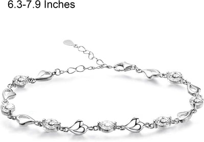 925 Sterling Silver Heart Bracelet for Women Girl, Adjustable Love Heart Bracelet with Cubic Zirconia, Jewelry Heart Anklets Chain Gift with Blue Velvet Gift Box, for Girlfriend, Wife, Grandma, Mom, Birthday, Valentine'S Day