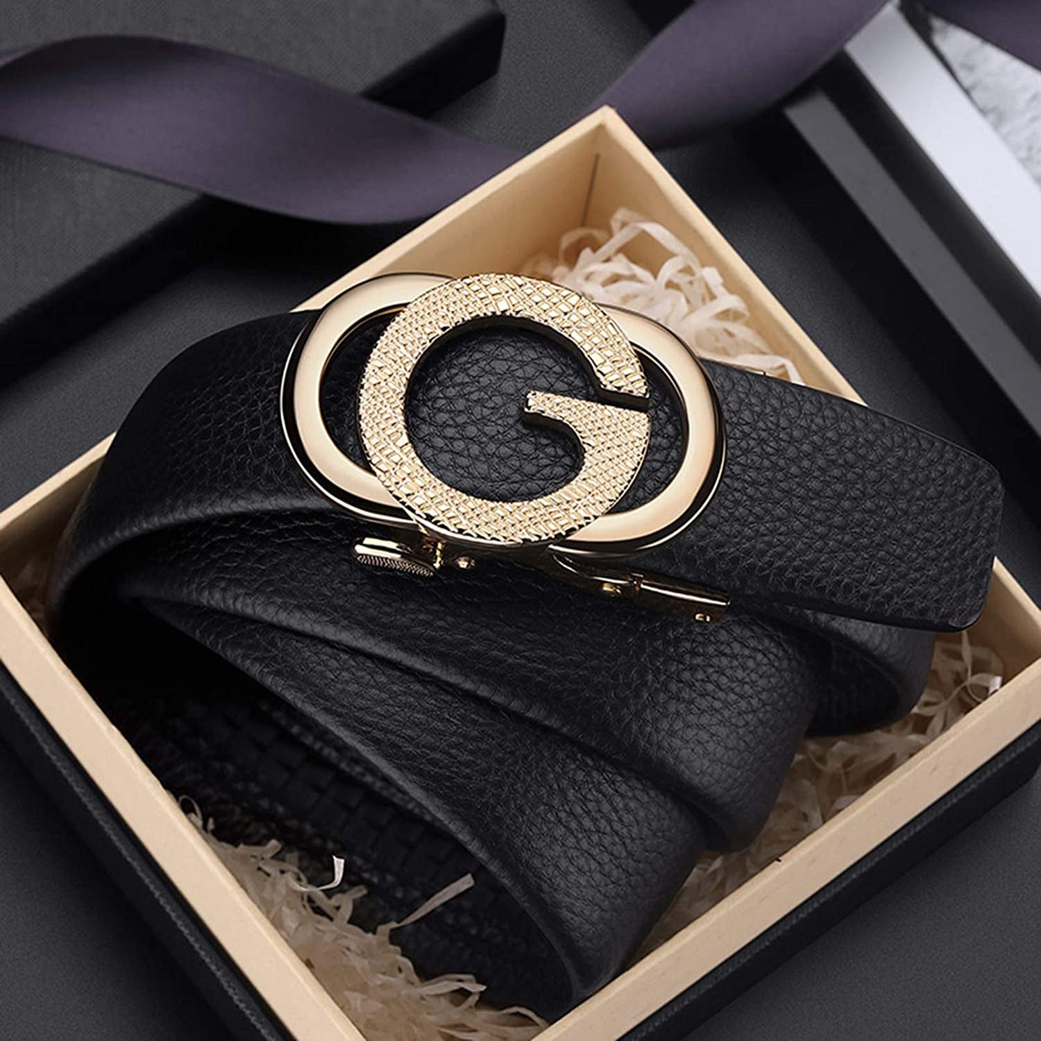 Ratchet Leather Belt for Men Designer Belts for Men with Automatic Buckle Alloy,Trend Fashion with Gift Box