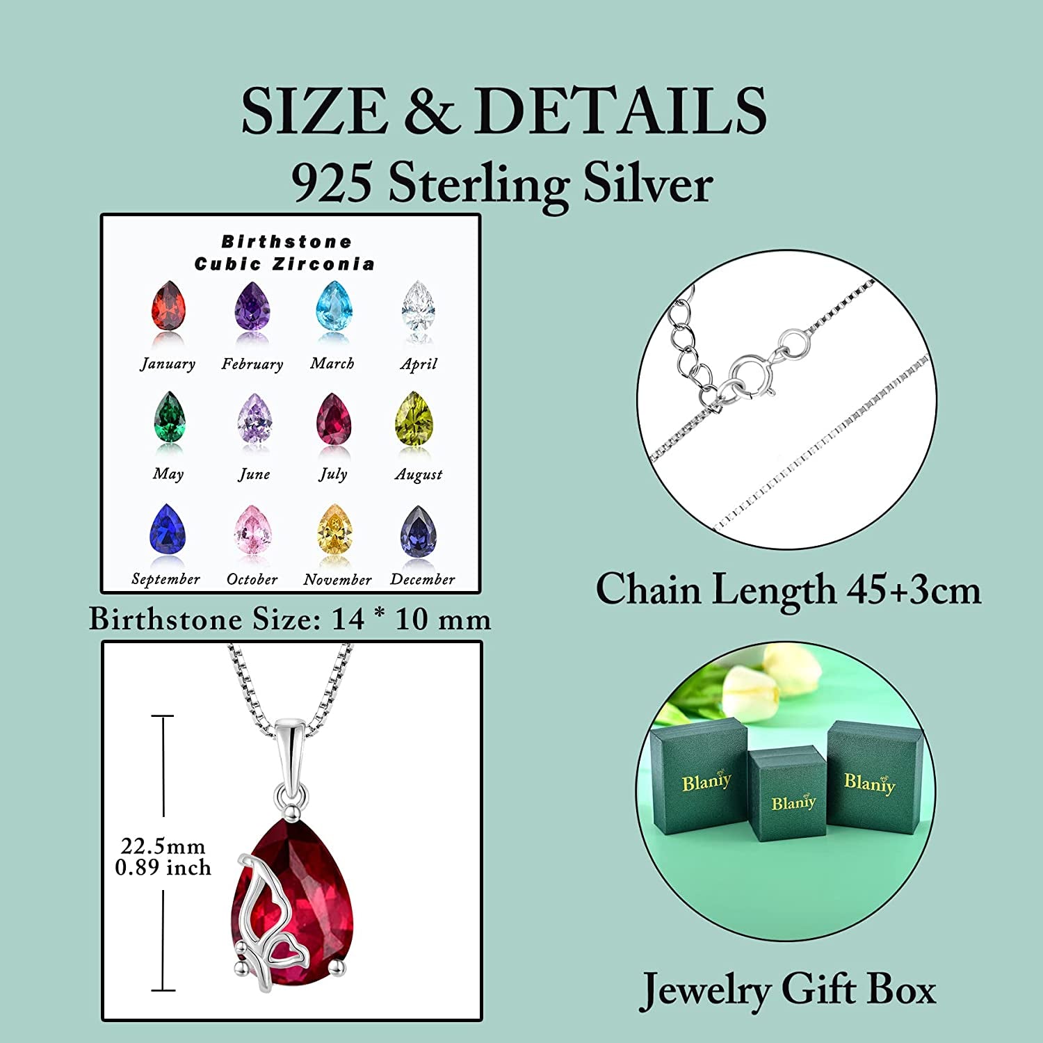 Birthstone Necklace for Women 925 Sterling Silver Butterfly Pendant Necklace with Created Gemstone Birthday Valentines Mothers Day Anniversary Christmas Jewelry Gifts for Mom Wife Girls Her