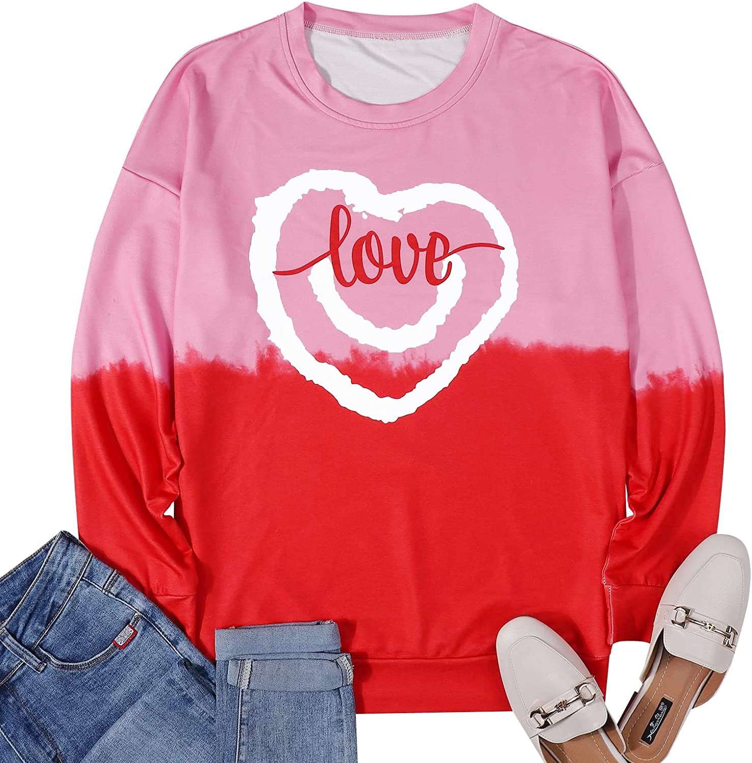 Love Heart Graphic Sweatshirt Women Valentine'S Day Long Sleeve Smile Shirts Gift Girlfriend Casual Blouse