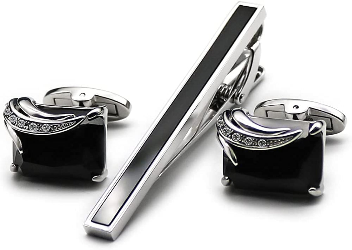 Black Cufflinks and Tie Clip Set with Gift Box Wedding Party Business Meeting Mens Cufflinks Give Father’S Day Valentine’S Day or Men Birthday Gift