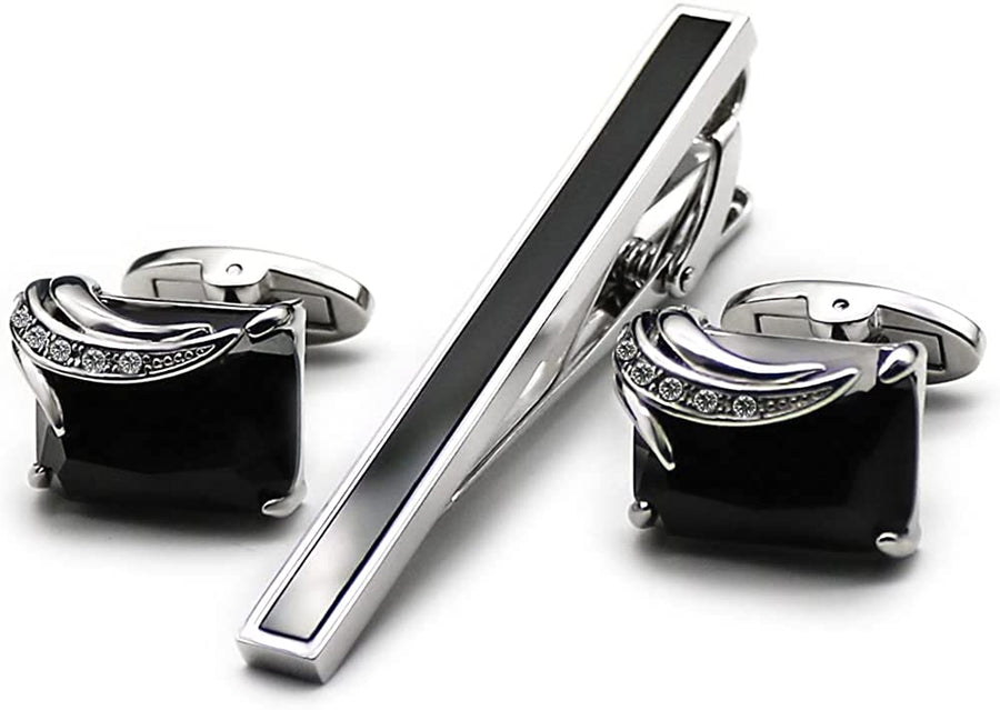 Black Cufflinks and Tie Clip Set with Gift Box Wedding Party Business Meeting Mens Cufflinks Give Father’S Day Valentine’S Day or Men Birthday Gift