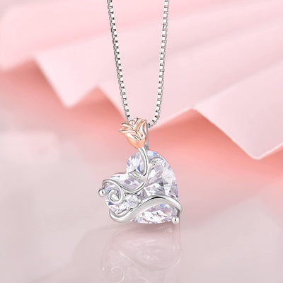 Love Heart Pendant Necklaces for Woman, 925 Sterling Silver Cubic Zirconia Rose Flower Birthstone Jewelry for Anniversary Valentines Mothers Day Gifts for Her