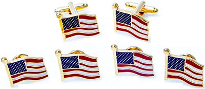 United States of America Flag USA Tuxedo Cufflinks and Studs Set in a Presentation Gift Box & Polishing Cloth