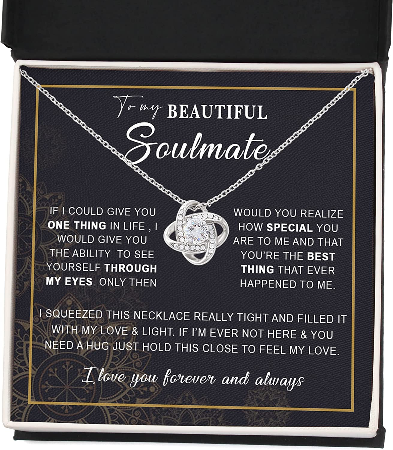 To My Soulmate Necklace I Love You Wife Love Knot Message Card and Box Gift Set for Girlfriend Women from Husband Boyfriend Couples | Pendant Jewelry Valentines Day Anniversary Birthday by