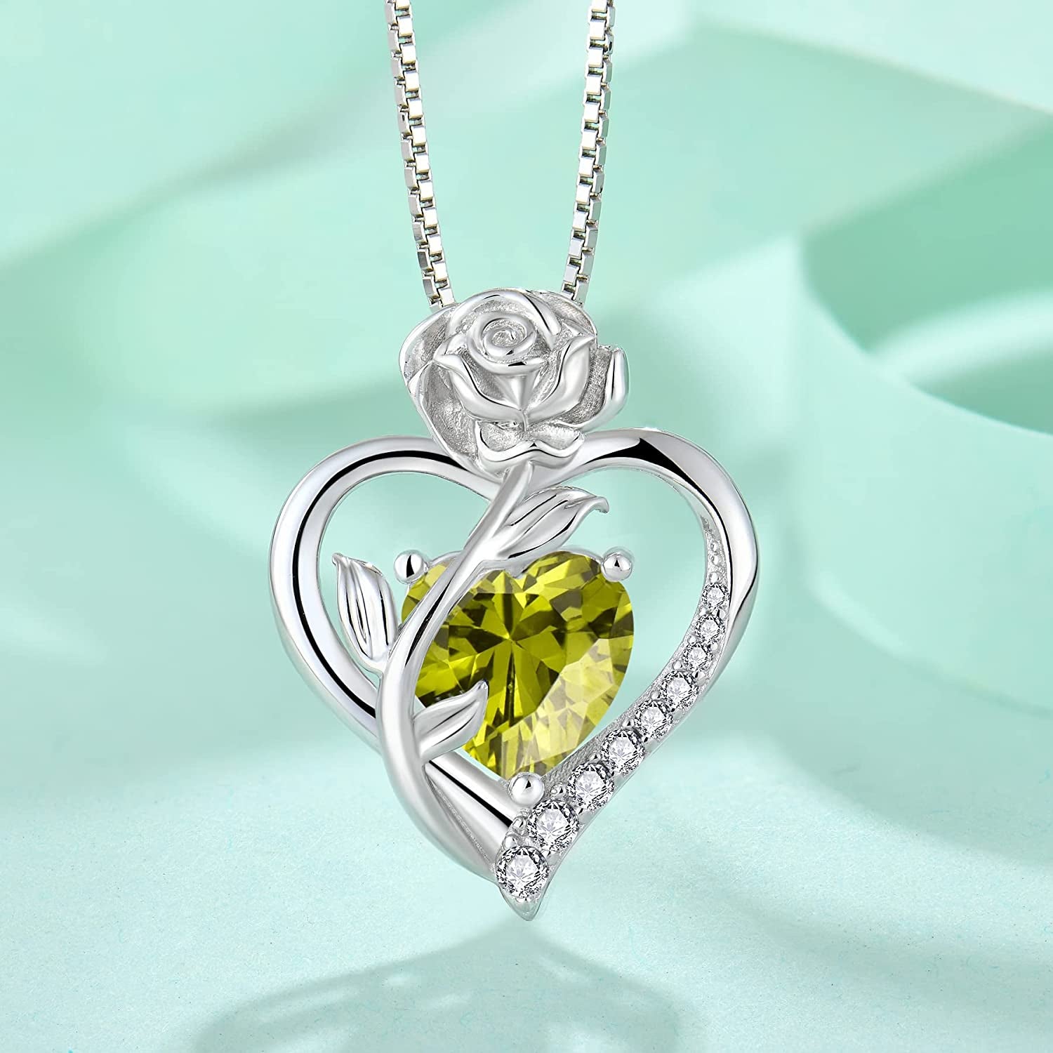 Love Heart Birthstone Necklace for Women 925 Sterling Silver Rose Flower Necklace Created Gemstone Pendant Birthday Valentines Mothers Day Anniversary Christmas Gifts for Mom Wife Girls Her