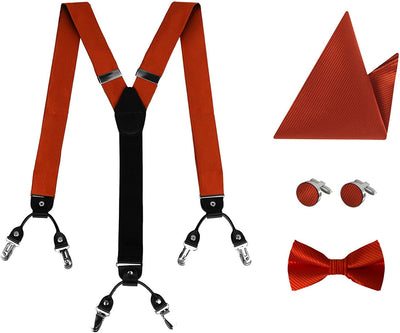 Jacquard Silk Suspenders for Men Clip-On Adjustable Elastic-Band Y-Back Suspenders Bow Ties Hanky Cufflink Set