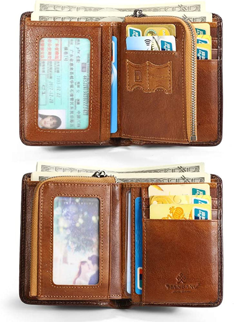 Mens Wallet Zipper Genuine Leather RFID Card Holders Cowhide Zip Coin Pocket Bifold Wallets for Men Brown(Anti-Theft Brush)