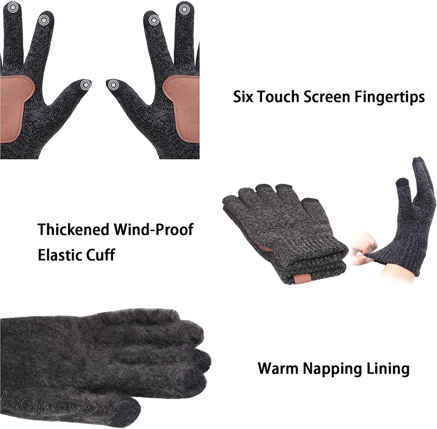 Men & Women Winter Knit Hat Beanie Long Scarf Touchscreen Gloves Set Skull Cap Neck Warmer Gloves Set with Fleece Lined