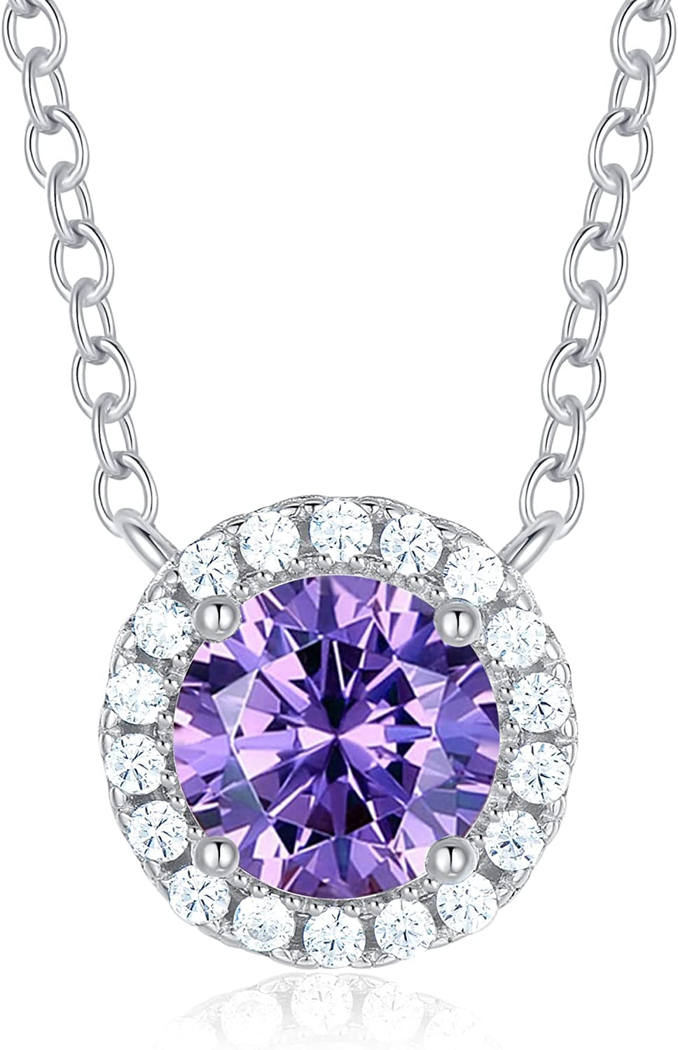 925 Sterling Silver Birthstone round Solitaire Pendant Dainty Halo Necklaces for Women, Anniversary Valentine'S Day Birthday Mother'S Jewelry Gifts for Girls Women Wife Mom Girlfriend