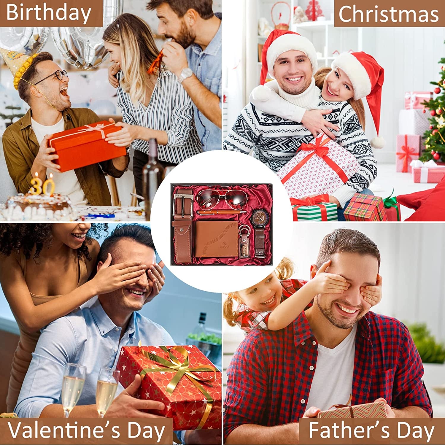 6Pcs Men'S Gift Set with Box Brown Leather Belt Wallet Watch Glasses Keychain Ballpoint Pen Business Birthday Gifts for Men