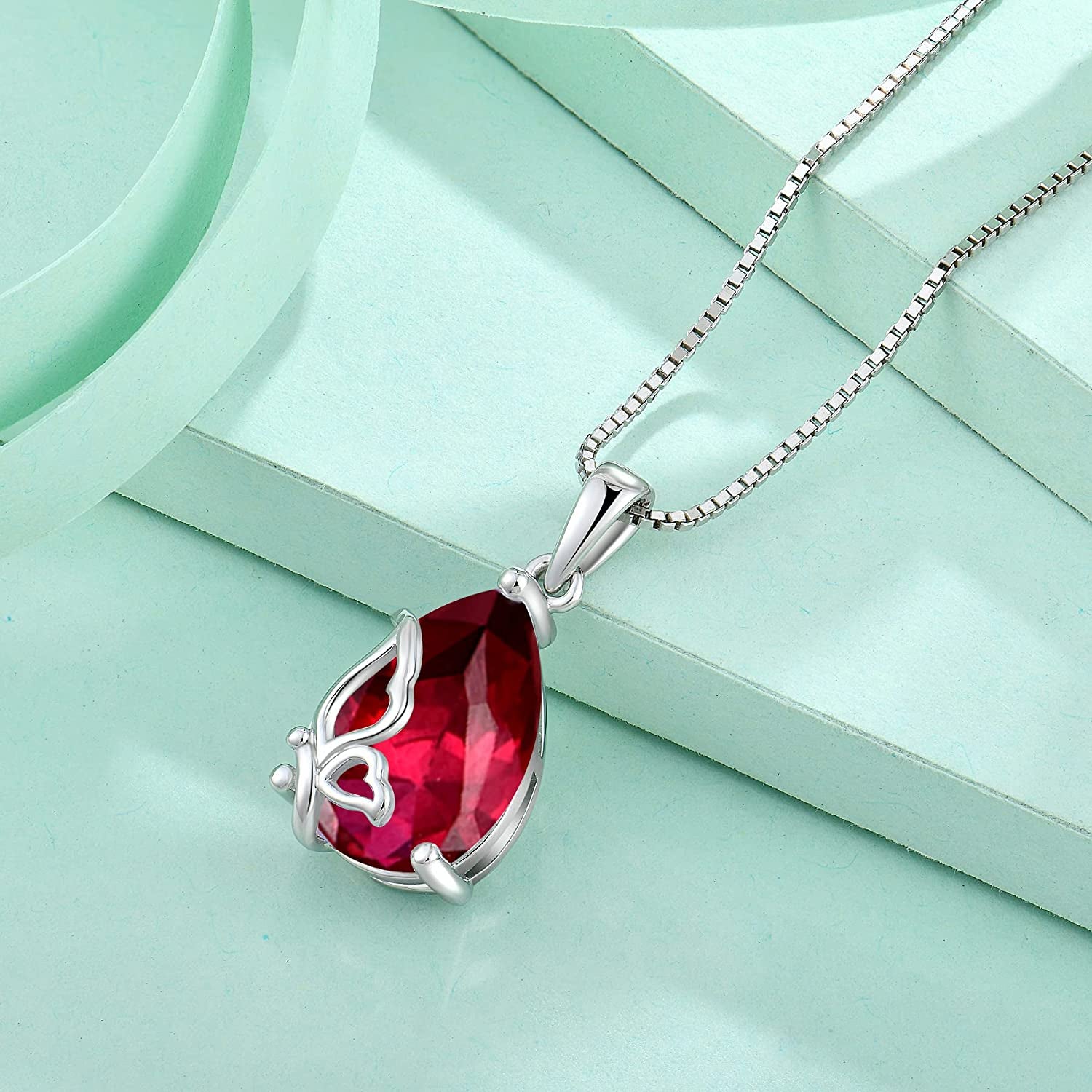 Birthstone Necklace for Women 925 Sterling Silver Butterfly Pendant Necklace with Created Gemstone Birthday Valentines Mothers Day Anniversary Christmas Jewelry Gifts for Mom Wife Girls Her