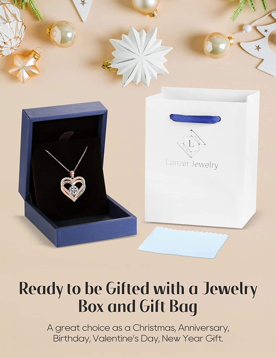 925 Sterling Silver Jewelry for Women, 18K Rose Gold Necklaces for Wife, Birthstone Diamond Heart Pendant for Christmas, Anniversary Jewelry Gift for Her, Girlfriend Necklaces Gift for Valentines Day