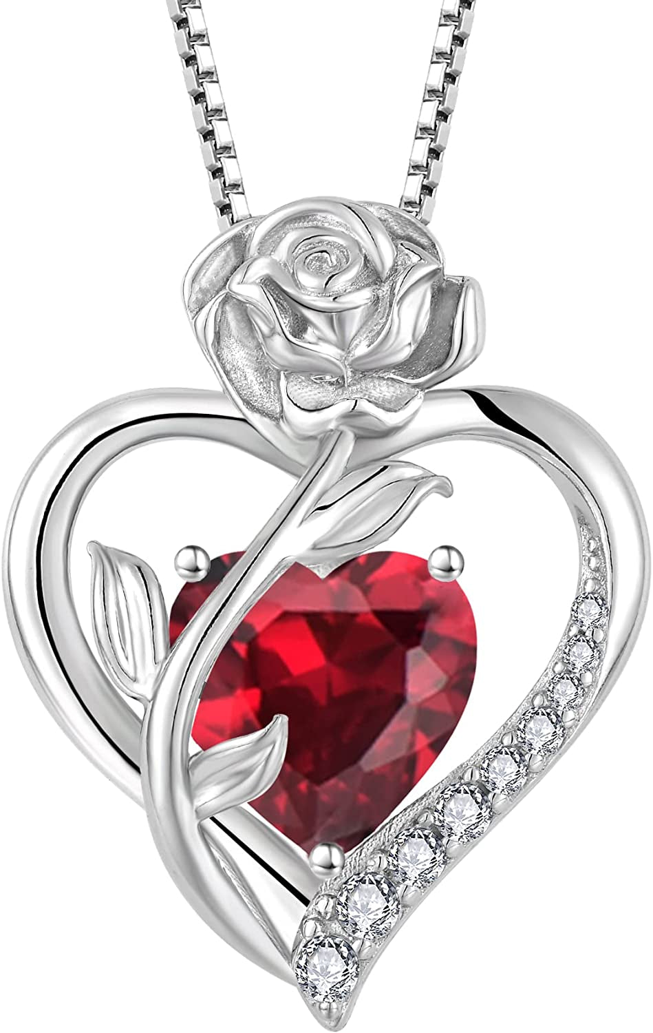 Love Heart Birthstone Necklace for Women 925 Sterling Silver Rose Flower Necklace Created Gemstone Pendant Birthday Valentines Mothers Day Anniversary Christmas Gifts for Mom Wife Girls Her