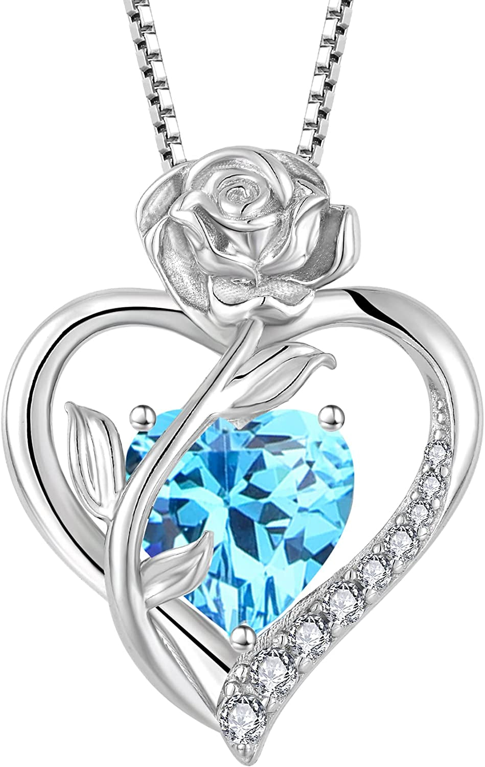 Love Heart Birthstone Necklace for Women 925 Sterling Silver Rose Flower Necklace Created Gemstone Pendant Birthday Valentines Mothers Day Anniversary Christmas Gifts for Mom Wife Girls Her