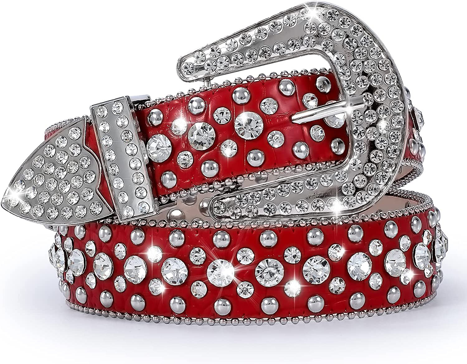 Women Rhinestone Belt for Jeans, Men Western Cowgirl Bling Studded Belt Faux Crocodile Grain Leather