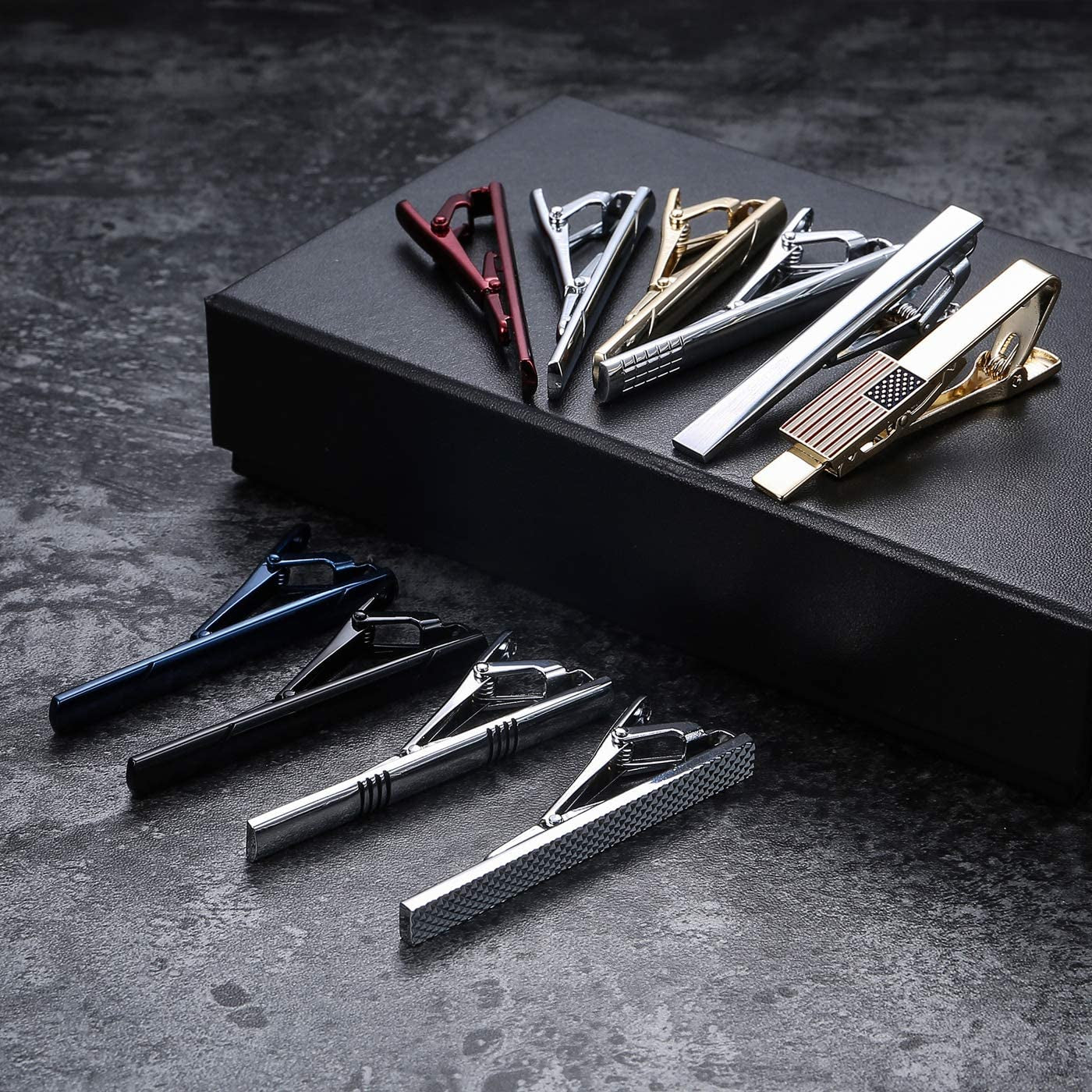 9-10 Pcs Tie Clips for Men Tie Bar Clip and Cufflink Set for Regular Ties Black Gold Red Navy Blue Silver American Flag Necktie Wedding Business Clips with Gift Box