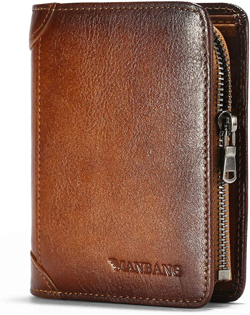 Mens Wallet Zipper Genuine Leather RFID Card Holders Cowhide Zip Coin Pocket Bifold Wallets for Men Brown(Anti-Theft Brush)
