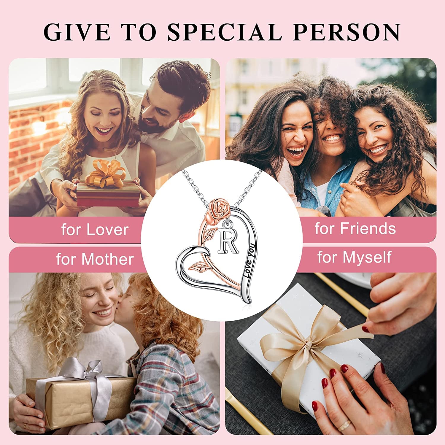 Rose Heart Initial Necklaces Gifts for Women Teen Girls, Rose Love You Heart Letter Pendant Necklace Jewelry Mothers Day Valentines Anniversary Christmas Birthday Gifts for Her Mom Wife Girlfriend