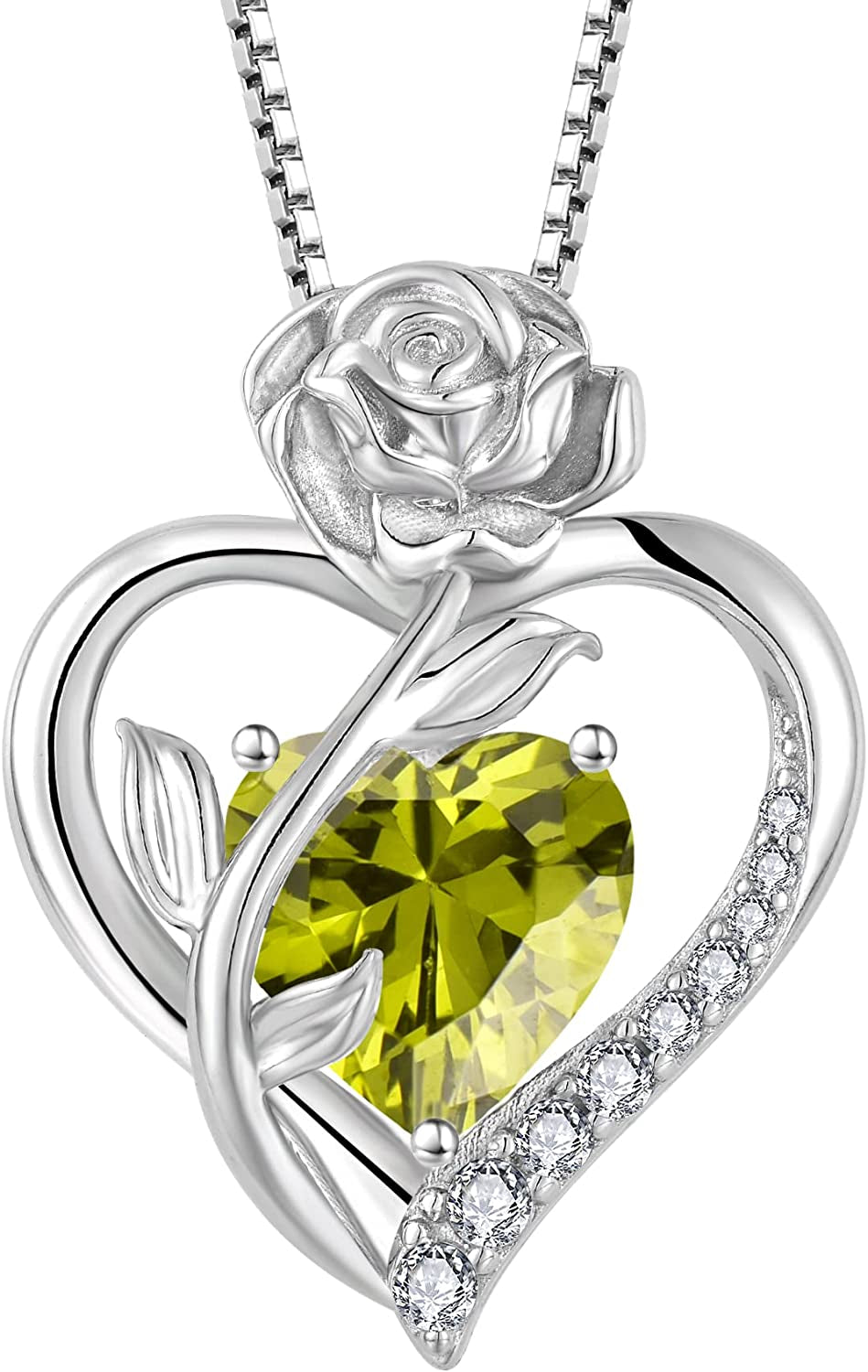 Love Heart Birthstone Necklace for Women 925 Sterling Silver Rose Flower Necklace Created Gemstone Pendant Birthday Valentines Mothers Day Anniversary Christmas Gifts for Mom Wife Girls Her