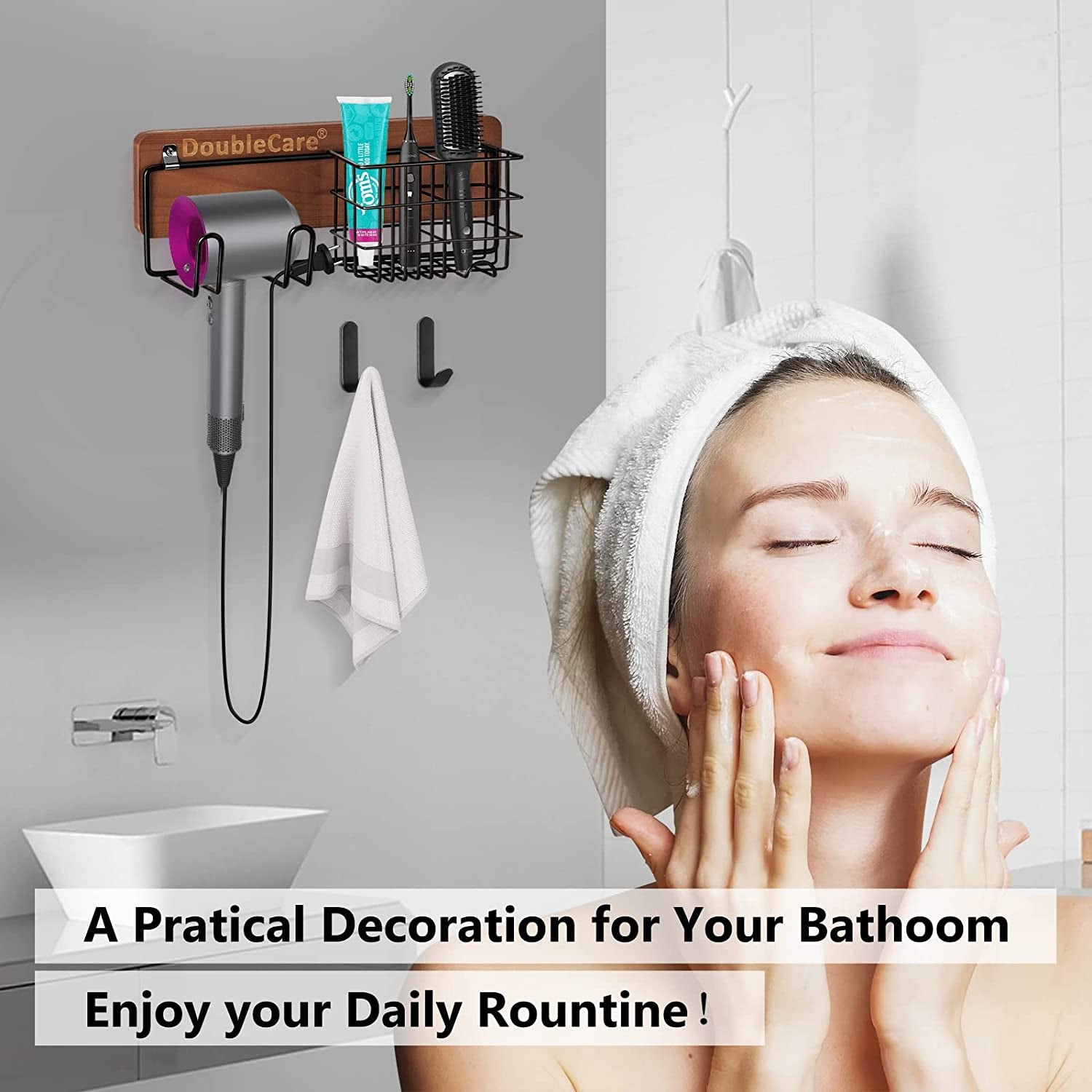 Toothbrush Holder Wall Mounted, Hair Dryer Holder for Dyson with 2 Iron Hooks,Multifunctional Bathroom Organizer for Toothpaste, Toothbrush, Razor,Towel,Wooden