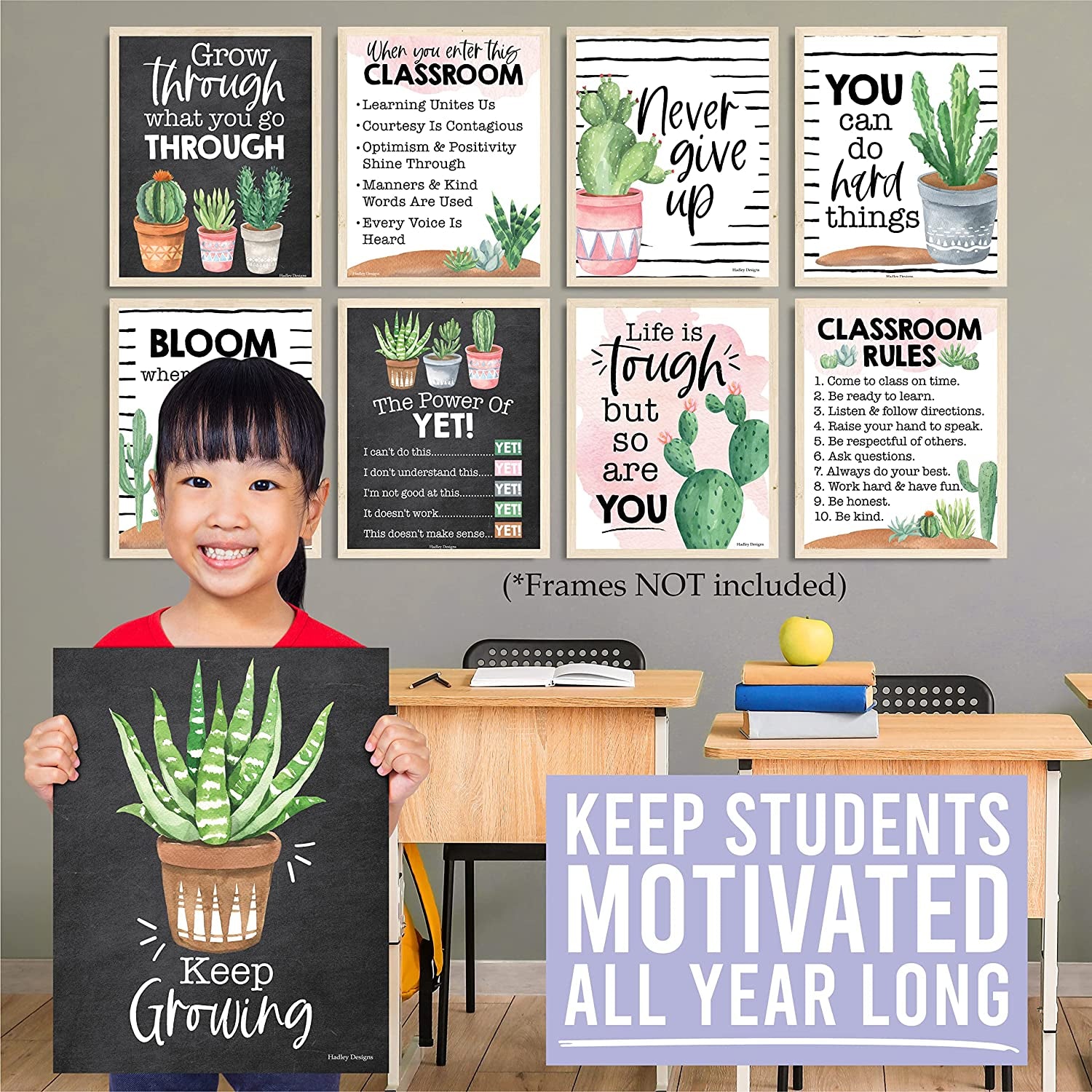 9 Cactus Classroom Decor Signs - Welcome Sign for Classroom Motivational Posters for Classroom Bulletin Board Decorations, Growth Mindset Classroom Posters Elementary, Middle School, Classroom Rules