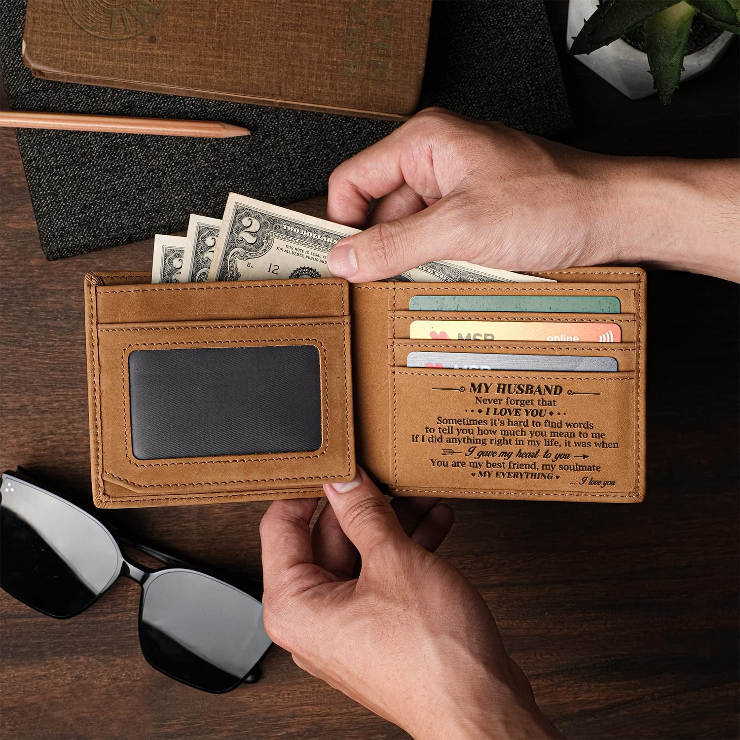 Engraved Bifold Wallet - to My Husband - I Love You More than Anything in the World Gifts for Men RFID Wallet Bifold Men Husband Gifts from Wife Christmas Birthday Father'S Day Gifts