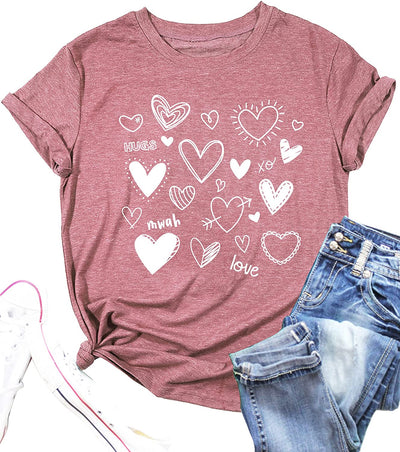 Valentines Day Shirt for Women Cute Love Heart Tshirts Graphic Valentine Gift Tee Casual Hearts Tops