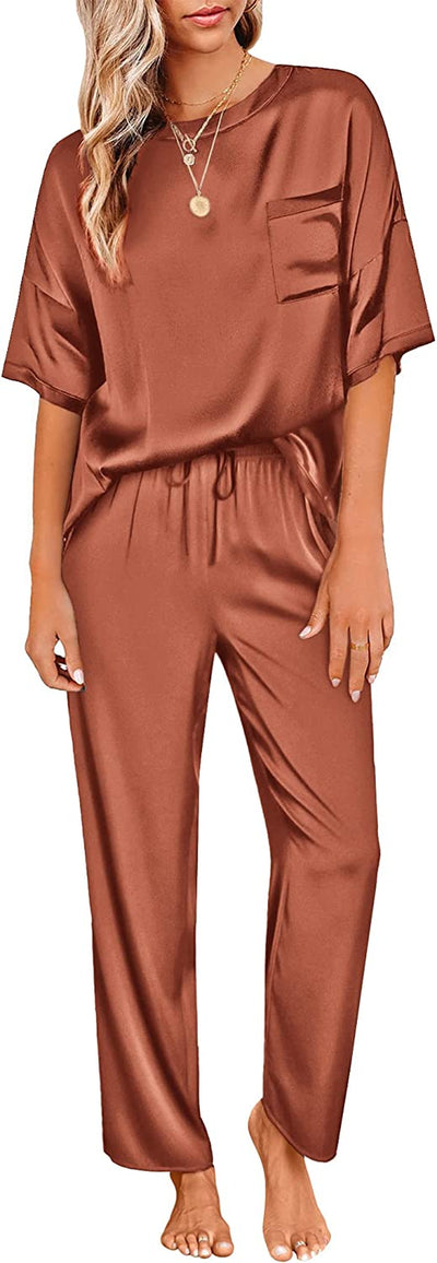 Women'S Satin Silky Pajama Set Short Sleeve T-Shirt with Long Pajama Pant Set Soft PJ Loungewear