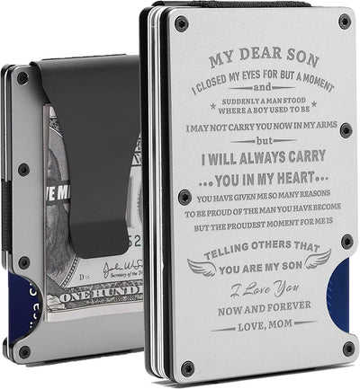 Personalized Engraved Metal Money Clip Aluminum Wallet for Son from Mom Mother - Christmas Graduation Birthday Deployment - Men Minimalist Slim Front Pocket RFID Blocking Credit Card Holder Purse