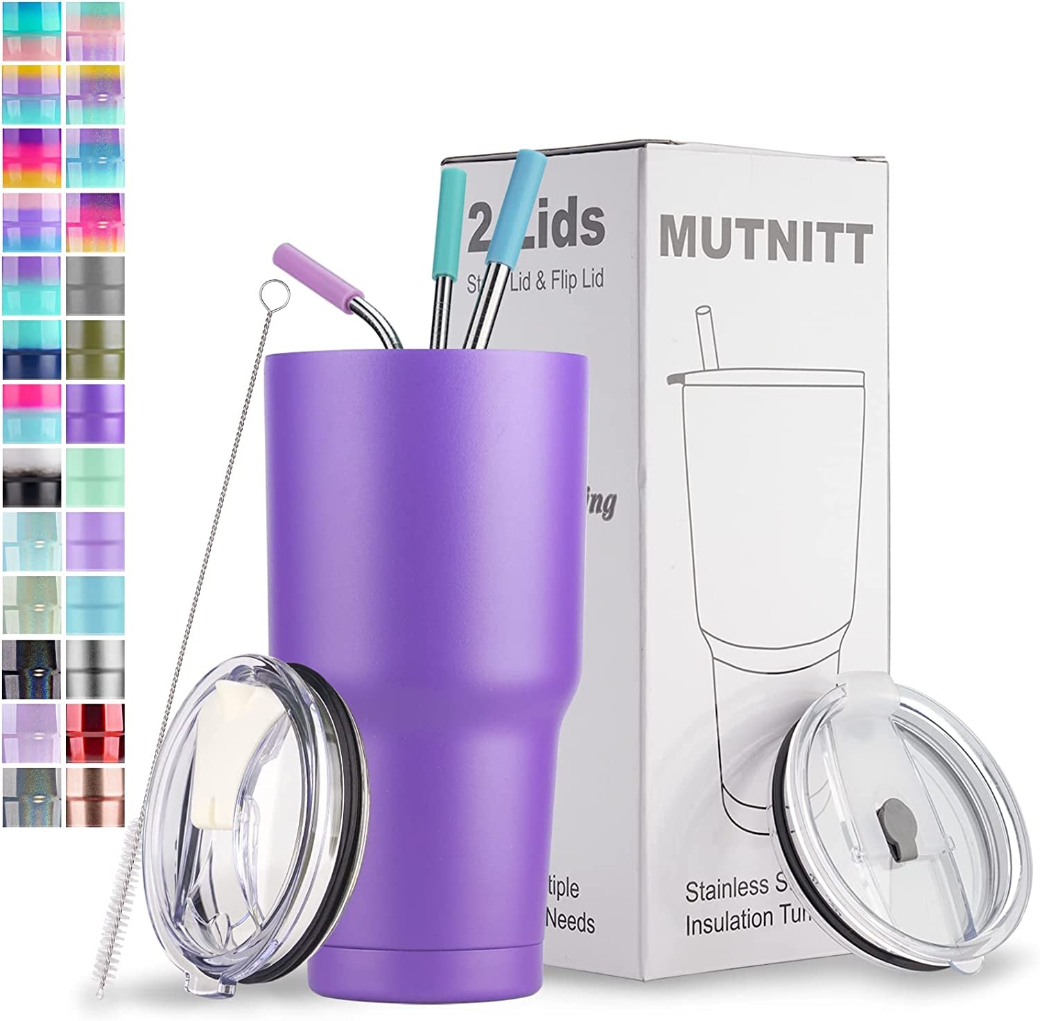 30 Oz Tumbler with Lids and Straws,18/8 Stainless Steel Vacuum Insulated Coffee Tumbler,Insulated Travel Mug Water Cup with Leak-Proof Straw Lid & Flip Lid,3 Metal Straws,1 Cleaning Brush & Gift Box