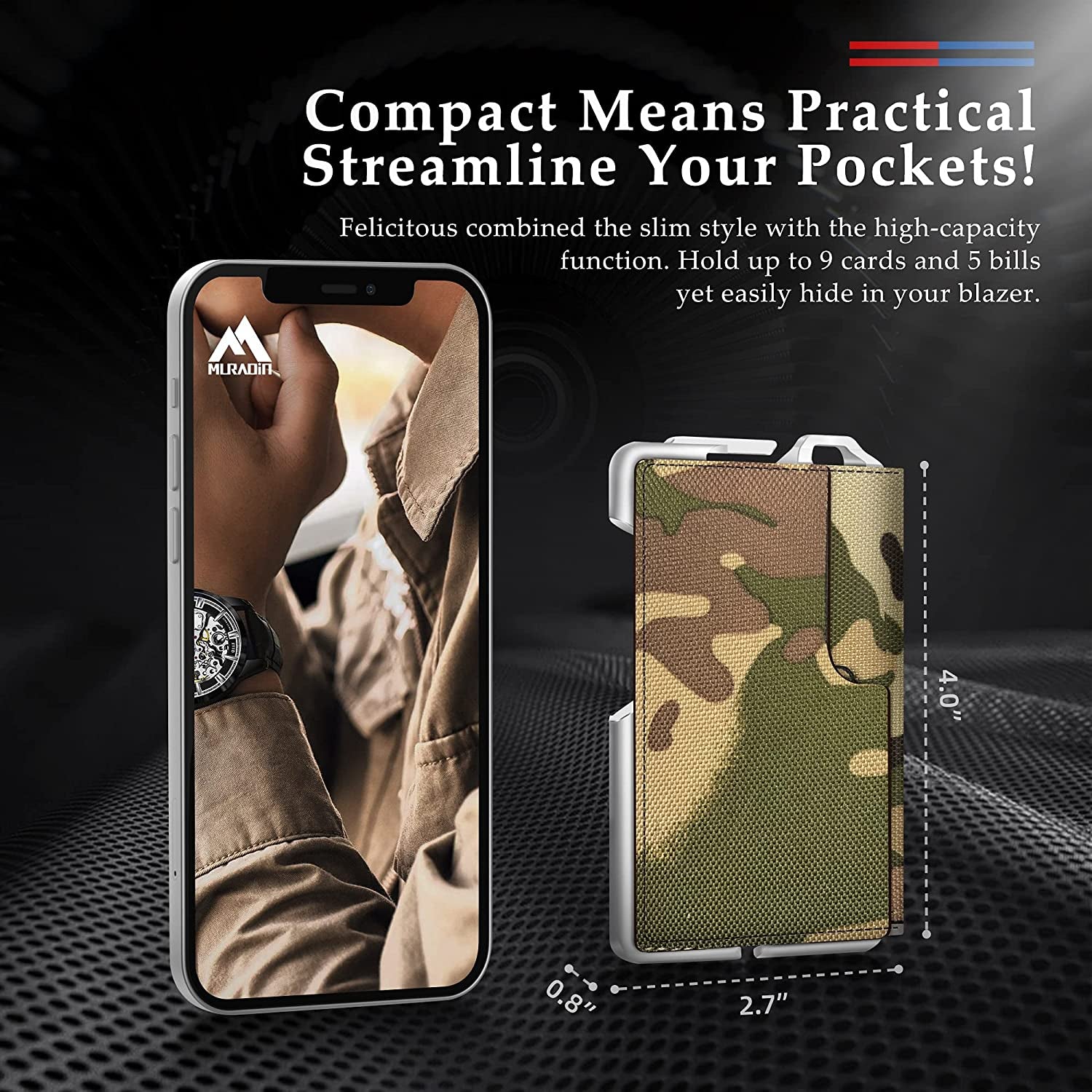 Tactical Minimalist Wallet for Men, Slim Rfid-Blocking Metal Card Holder, Front Pocket Men’S Nylon Leather Dapper Bifold Wallet with Money Clip Camouflage