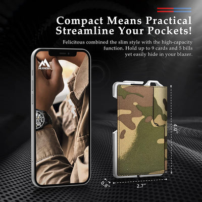 Tactical Minimalist Wallet for Men, Slim Rfid-Blocking Metal Card Holder, Front Pocket Men’S Nylon Leather Dapper Bifold Wallet with Money Clip Camouflage