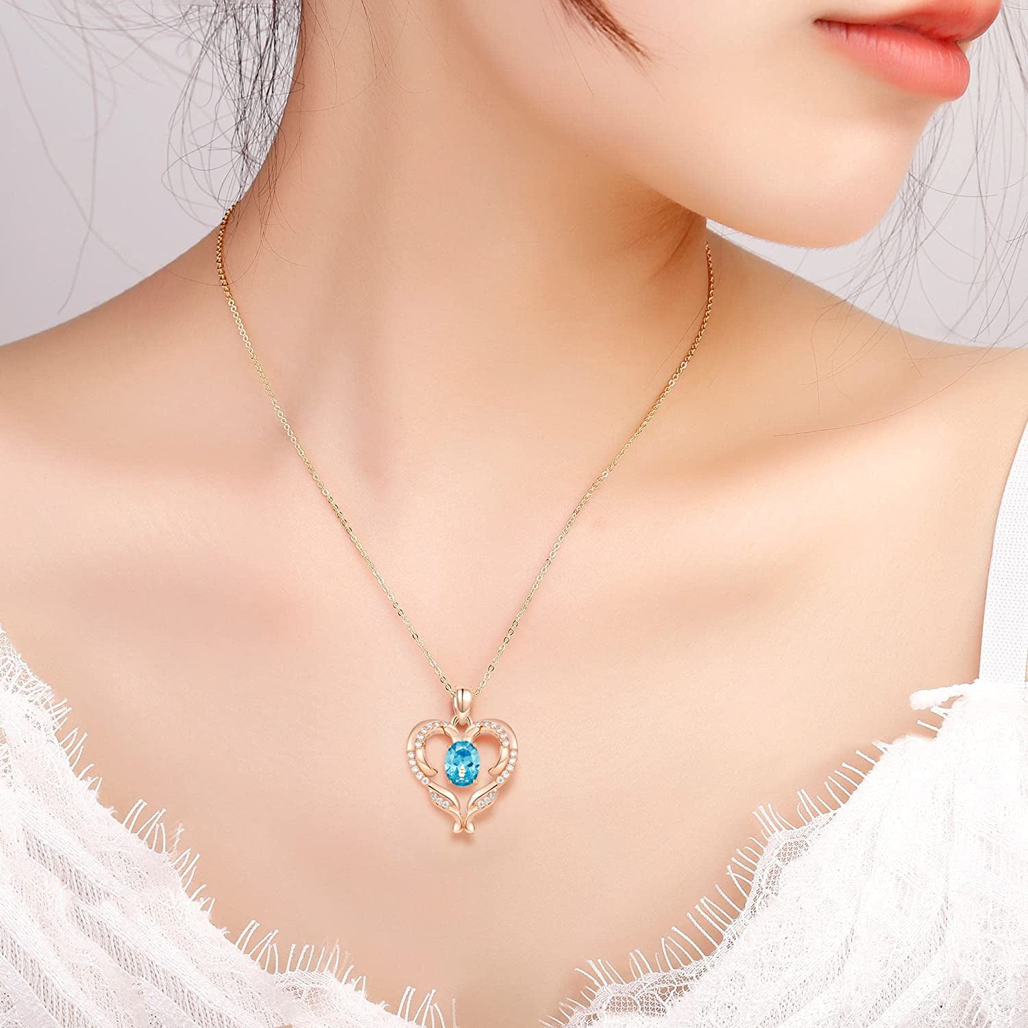 Heart Necklace for Women Silver/Rose Gold Love Heart Pendant Necklace with Cubic Zirconia Birthstone Christmas Birthday Anniversary Valentine'S Day Jewelry Gift for Women Wife Mom Girlfriend BFF